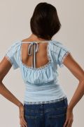 Light Blue Square Neck Lace Trim Top – Cap Sleeve Linen Blend Button Front Blouse