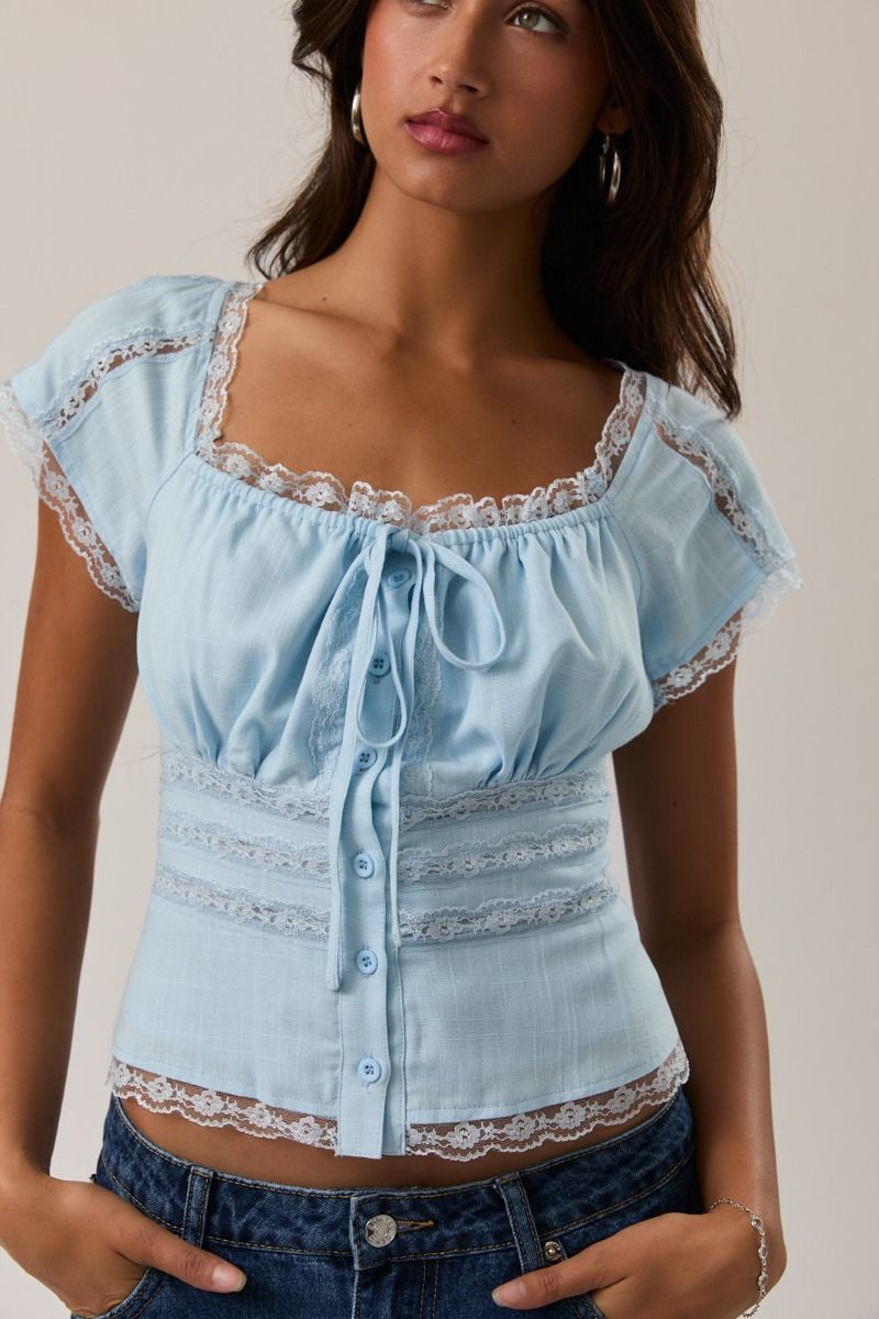 Light Blue Square Neck Lace Trim Top – Cap Sleeve Linen Blend Button Front Blouse