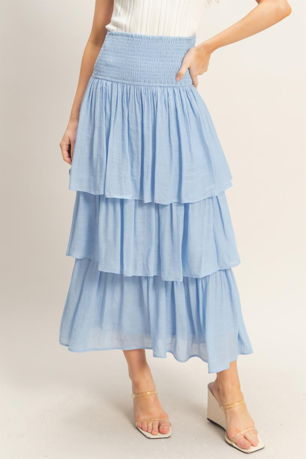 Pastel Blue Tiered Maxi Skirt with Smocked Waist – Women’s Flowy Ruffle Skirt