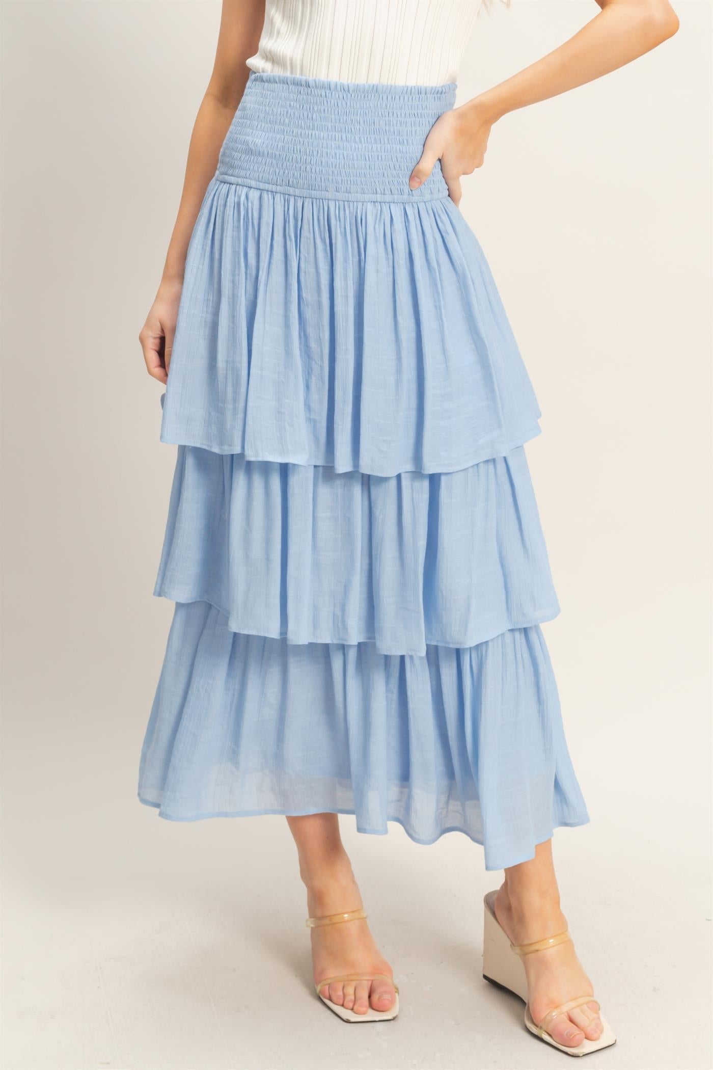 Pastel Blue Tiered Maxi Skirt with Smocked Waist – Women’s Flowy Ruffle Skirt