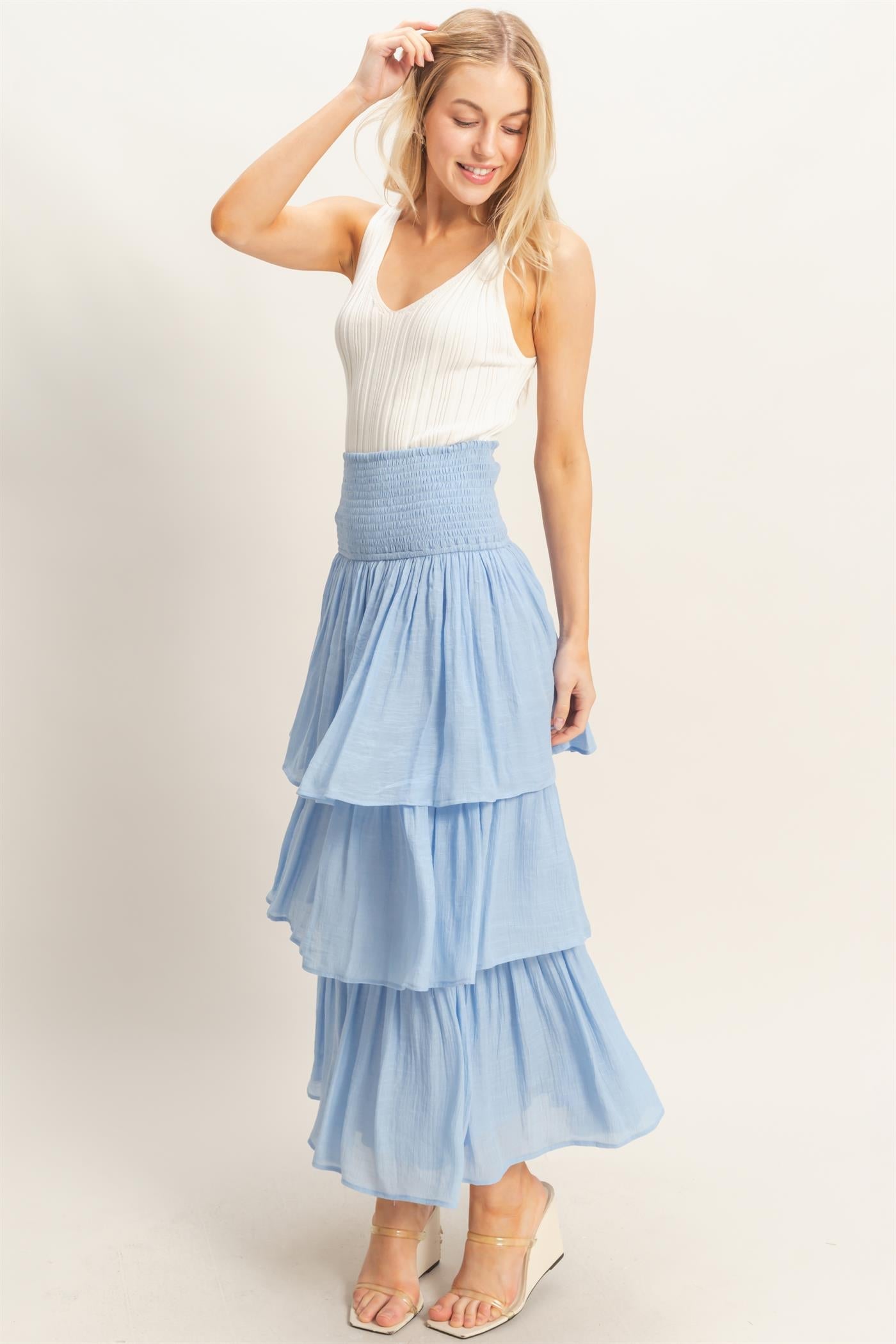 Pastel Blue Tiered Maxi Skirt with Smocked Waist – Women’s Flowy Ruffle Skirt