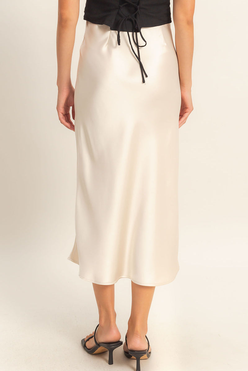 Women’s Satin Midi Skirt – Cream High Waist Slip Skirt for Chic Outfits