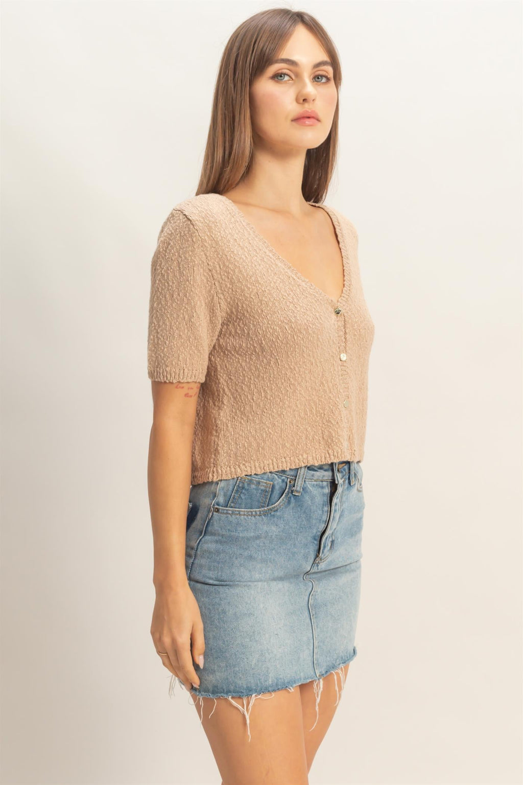 V-Neck Cropped Button Cardigan
