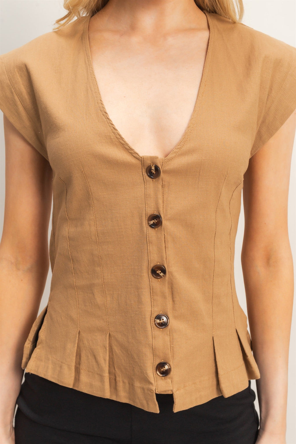 Brown V-Neck Button Down Cap Sleeve Top – Women’s Tailored Casual Blouse