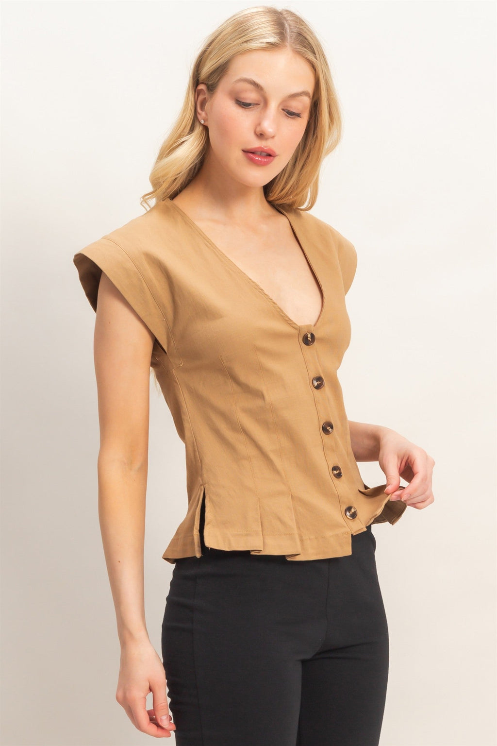 Brown V-Neck Button Down Cap Sleeve Top – Women’s Tailored Casual Blouse