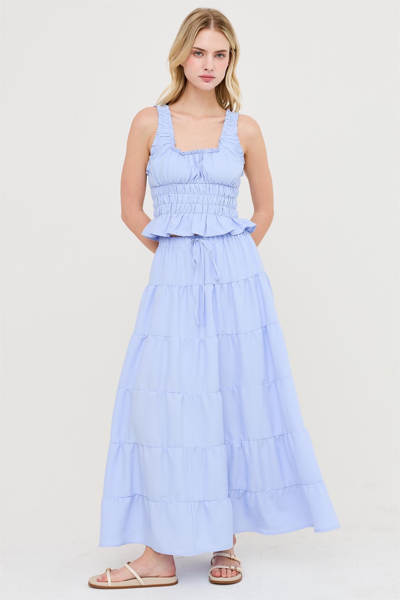Women’s Baby Blue Ruched Square Neck Smocked Top – Pastel Tiered Ruffle Blouse