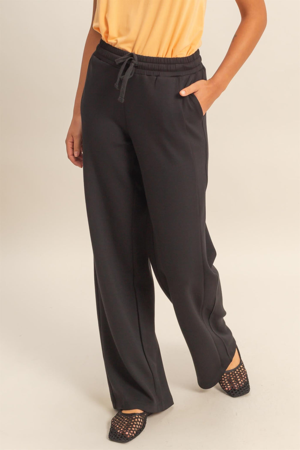 Women’s Black Elastic Waist Wide Leg Pants – Drawstring Stretch Knit Casual Pants