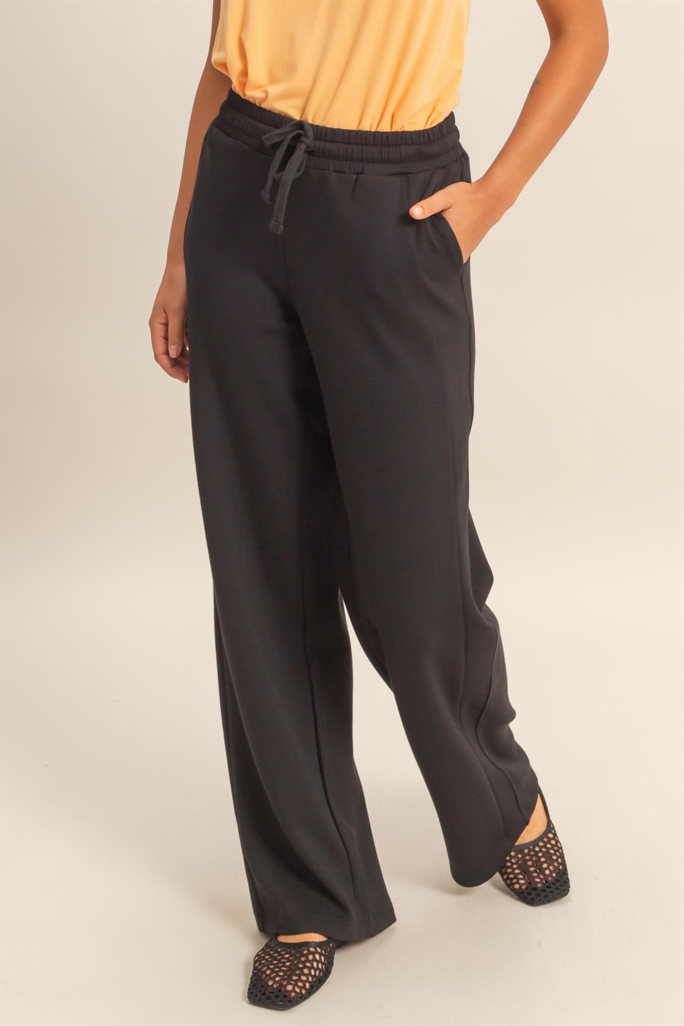 Women’s Black Elastic Waist Wide Leg Pants – Drawstring Stretch Knit Casual Pants