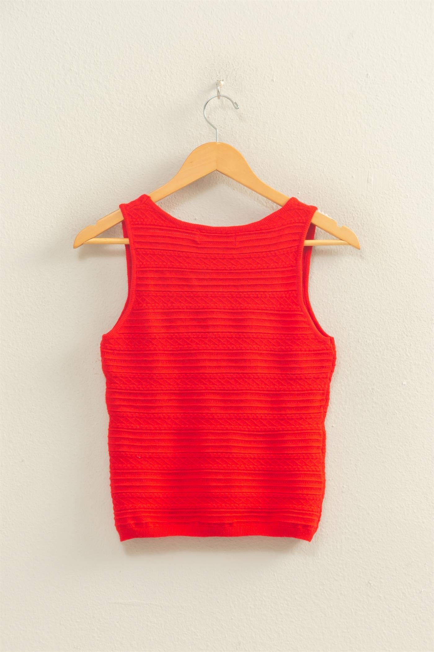 Women’s Red Textured Sleeveless Knit Top – Scoop Neck Fitted Tank Shirt