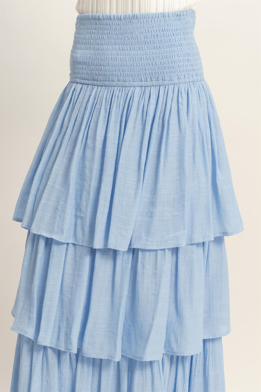 Pastel Blue Tiered Maxi Skirt with Smocked Waist – Women’s Flowy Ruffle Skirt