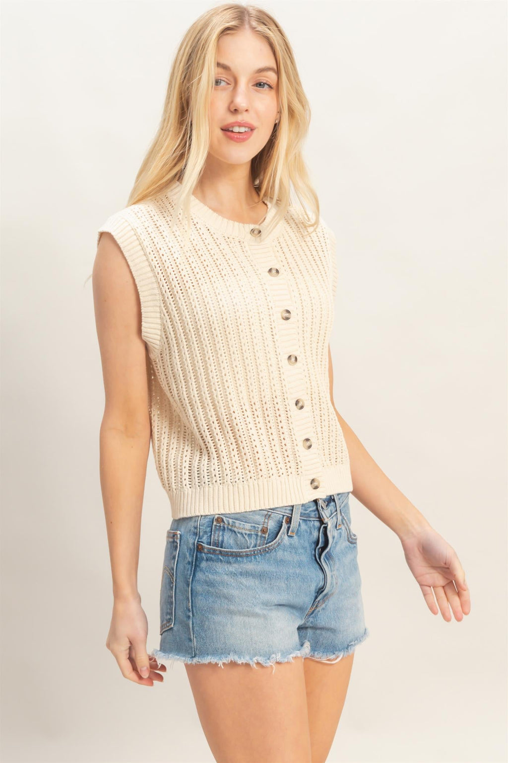 Women’s Sleeveless Ribbed Button Top Vest – 100% Cotton Fitted Knit Tank Vest