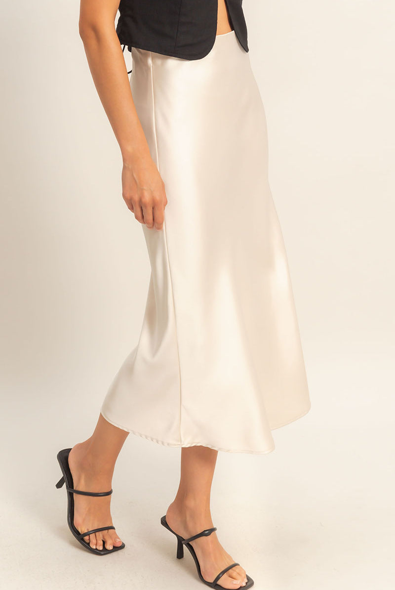 Women’s Satin Midi Skirt – Cream High Waist Slip Skirt for Chic Outfits