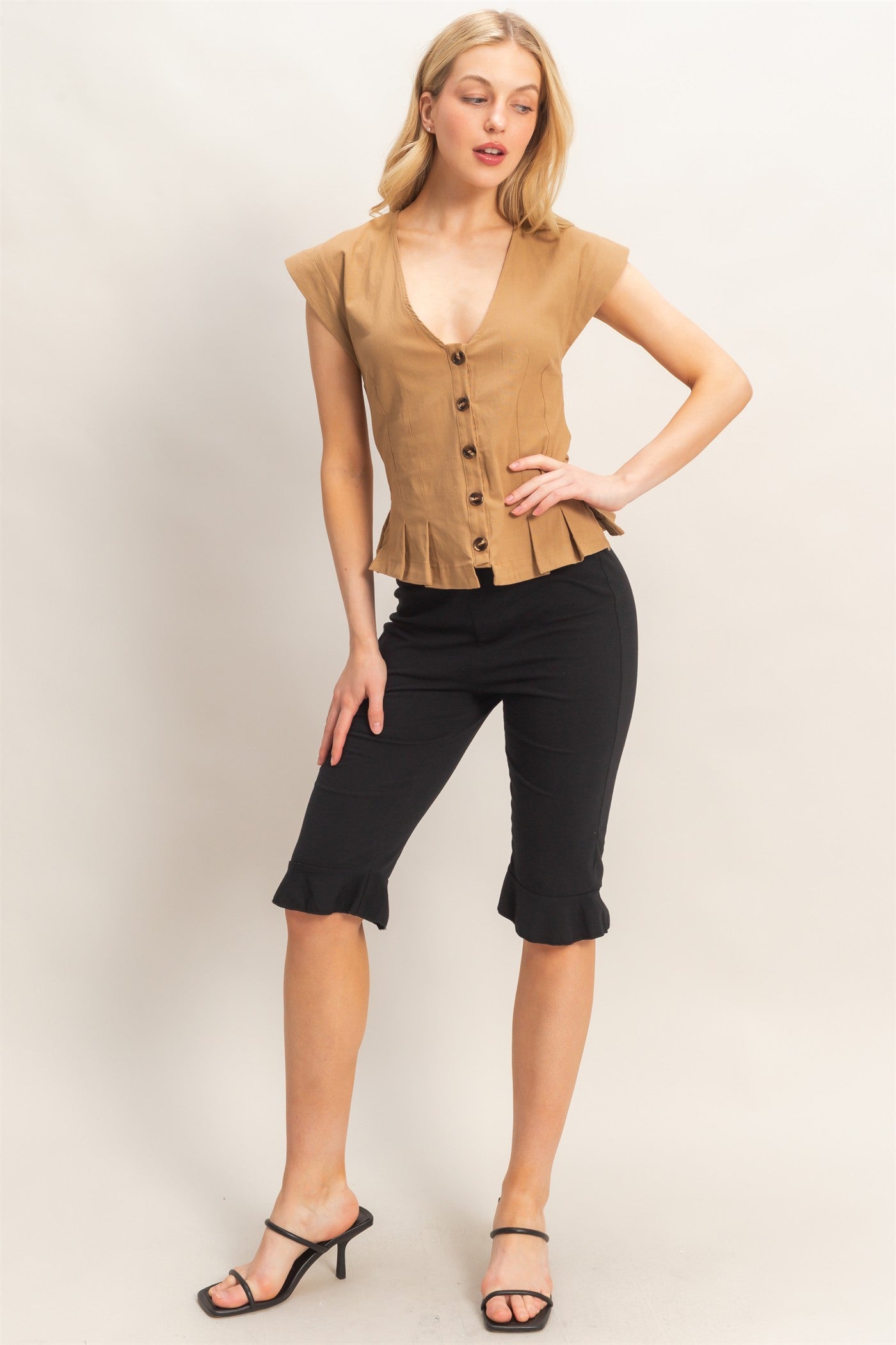 Brown V-Neck Button Down Cap Sleeve Top – Women’s Tailored Casual Blouse