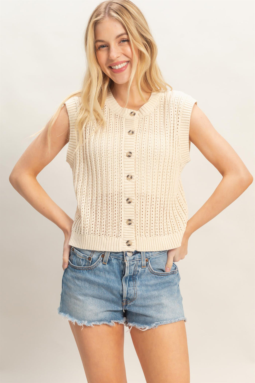 Women’s Sleeveless Ribbed Button Top Vest – 100% Cotton Fitted Knit Tank Vest