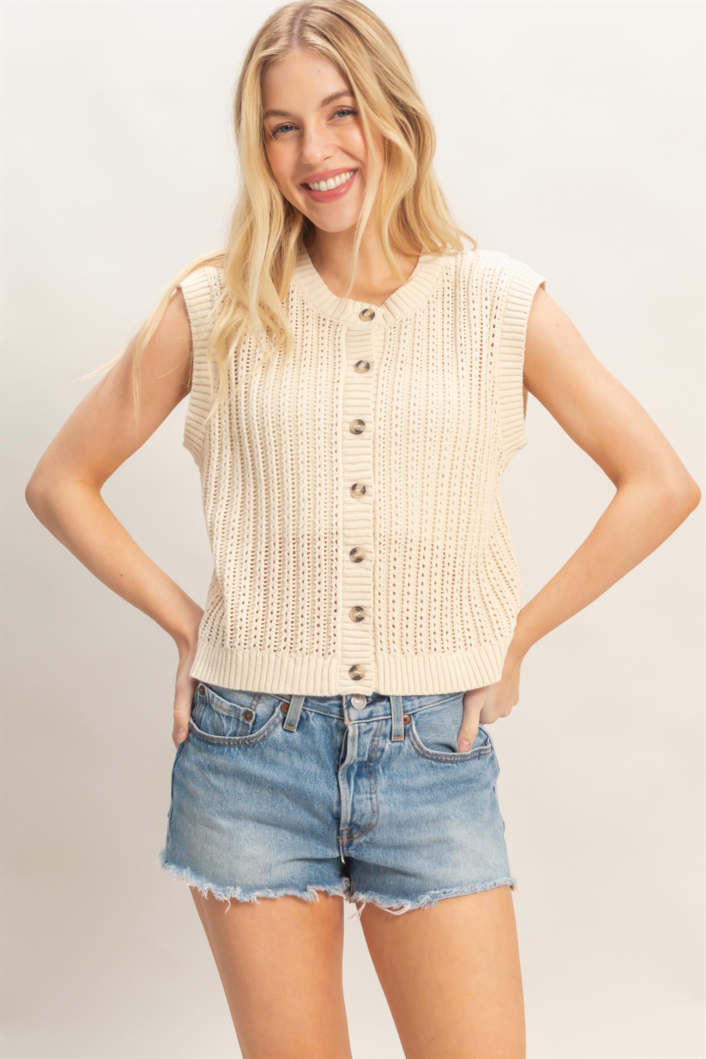 Women’s Sleeveless Ribbed Button Top Vest – 100% Cotton Fitted Knit Tank Vest