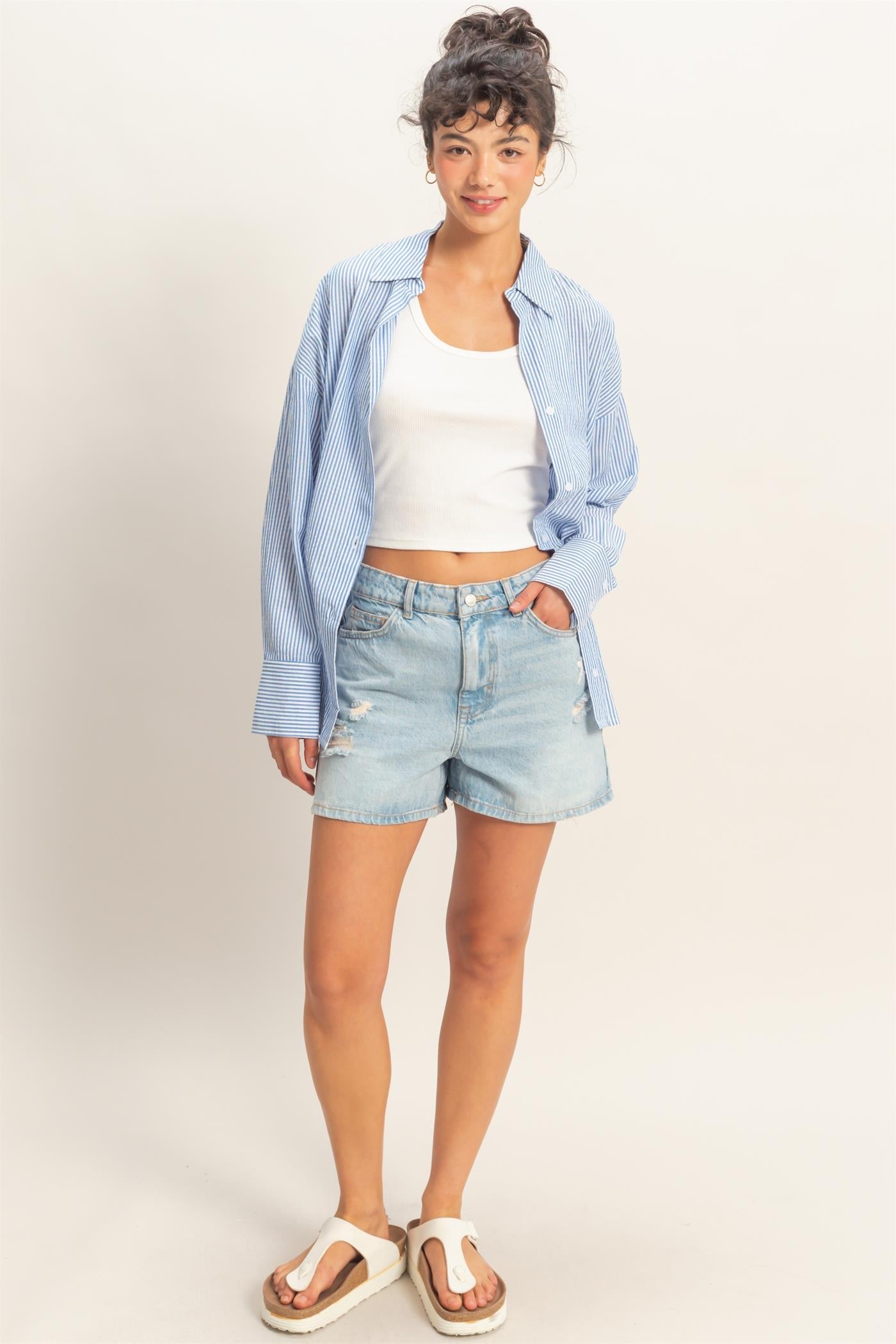 Women’s Striped Button-Up Shirt – Oversized Long Sleeve Collared Blouse