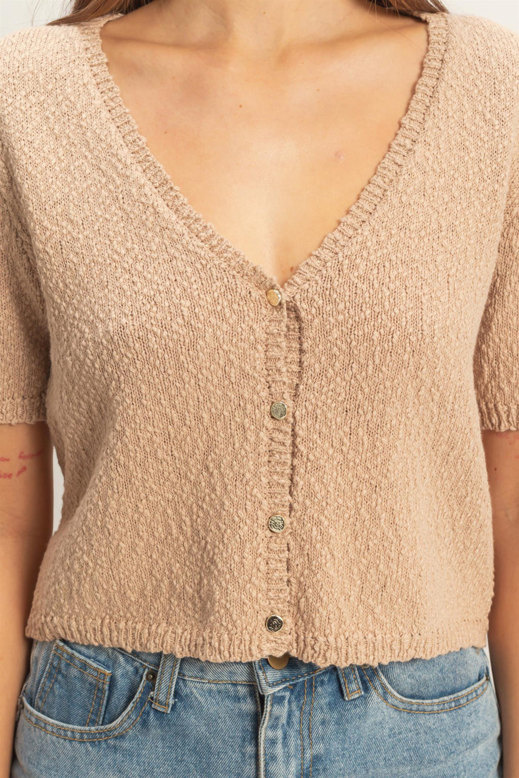 V-Neck Cropped Button Cardigan