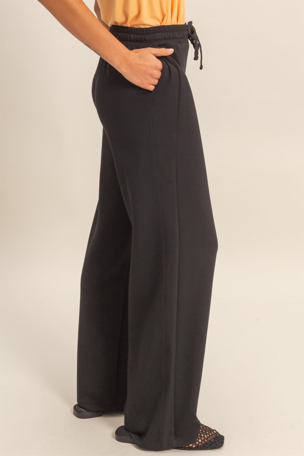 Women’s Black Elastic Waist Wide Leg Pants – Drawstring Stretch Knit Casual Pants