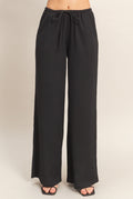 Women’s Black Elastic Waist Wide Leg Pants – Drawstring Stretch Knit Casual Pants
