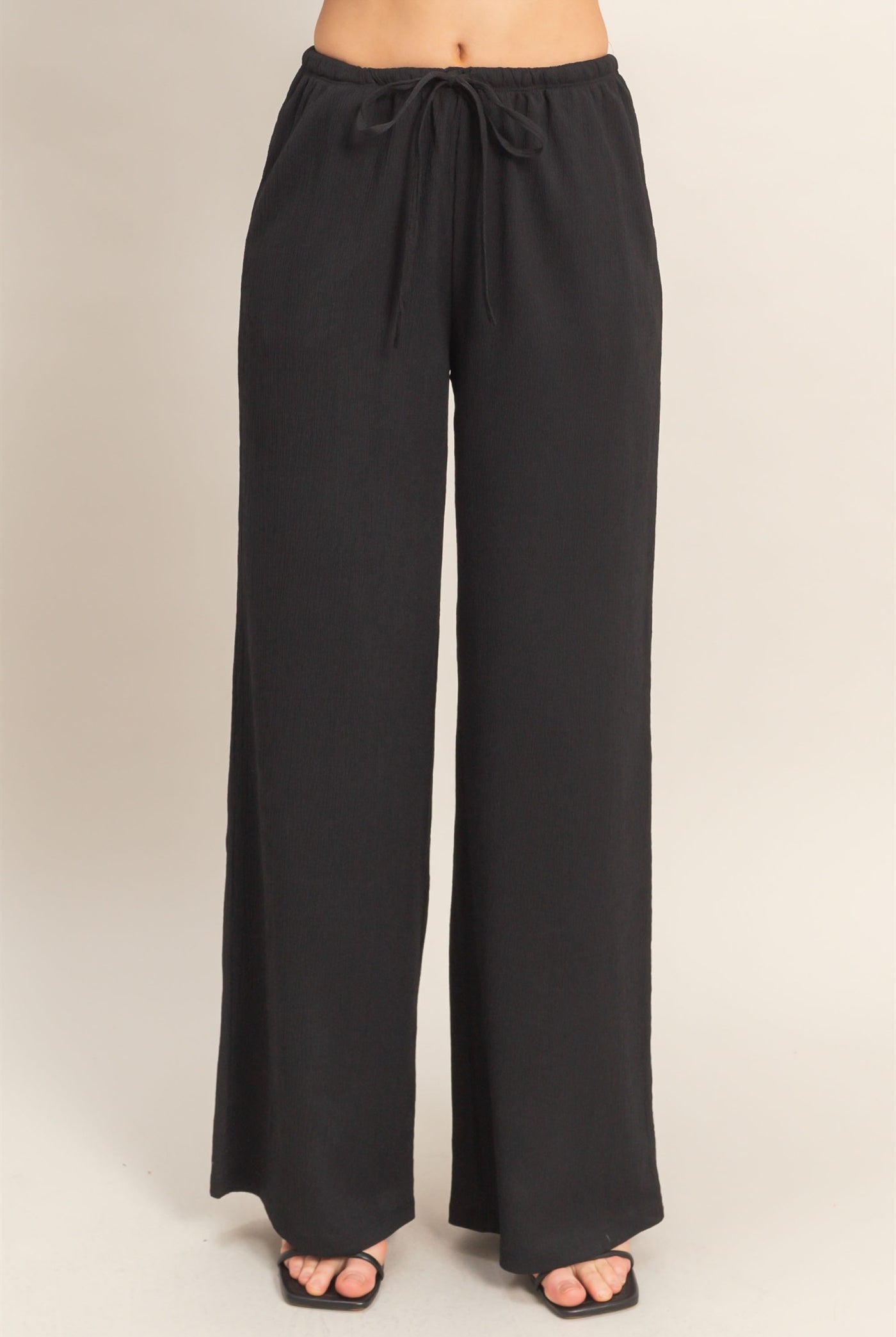Women’s Black Elastic Waist Wide Leg Pants – Drawstring Stretch Knit Casual Pants