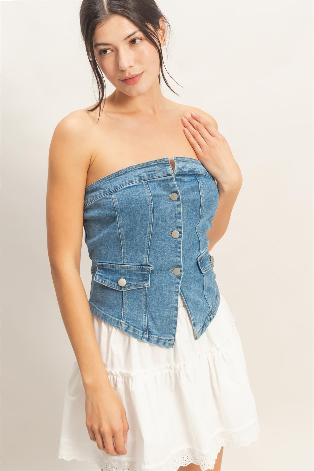 Strapless Button-Up Denim Top