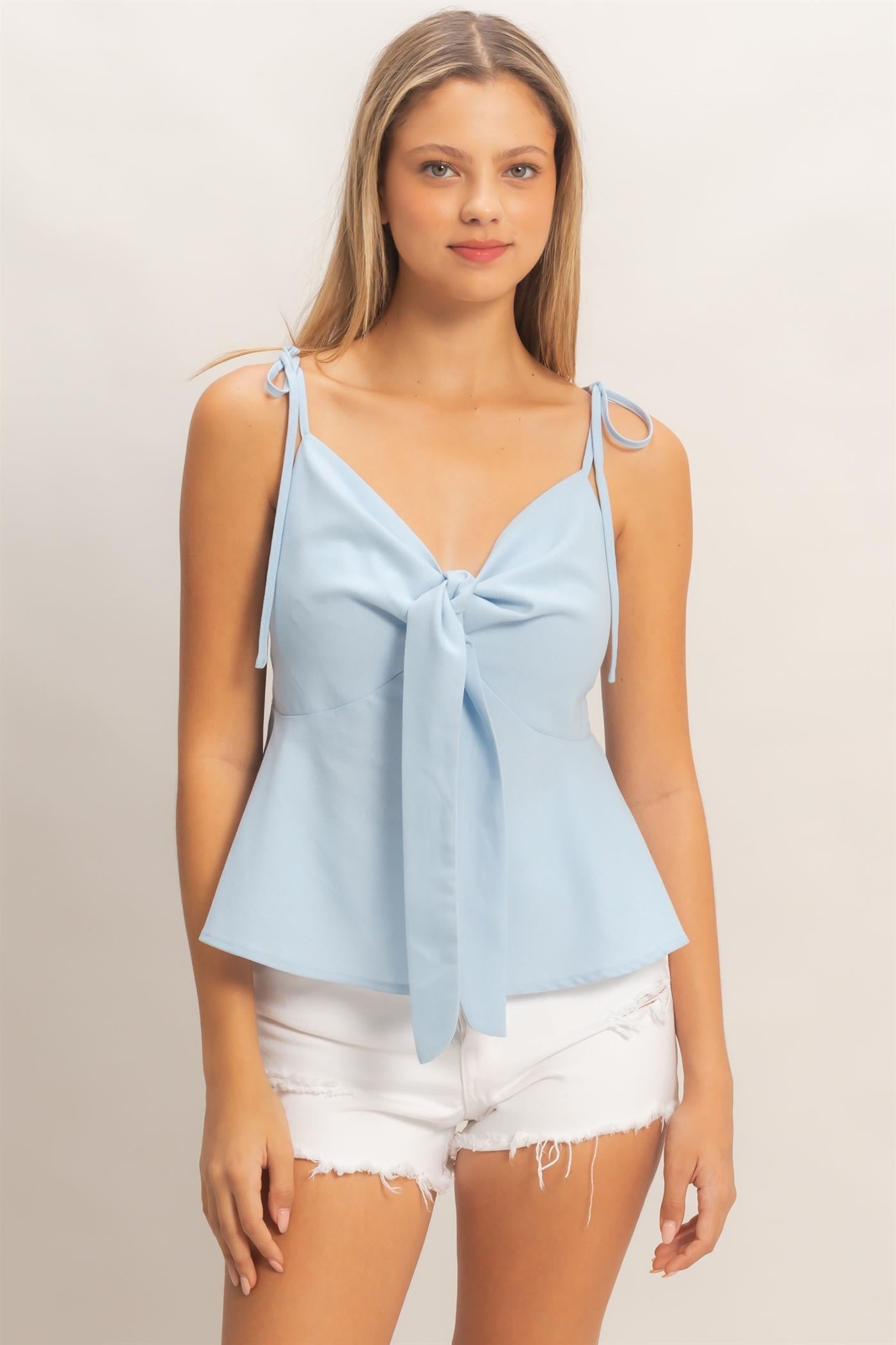 Women’s Baby Blue Tie Front Spaghetti Strap Top – Adjustable Strap Flowy Peplum Cami