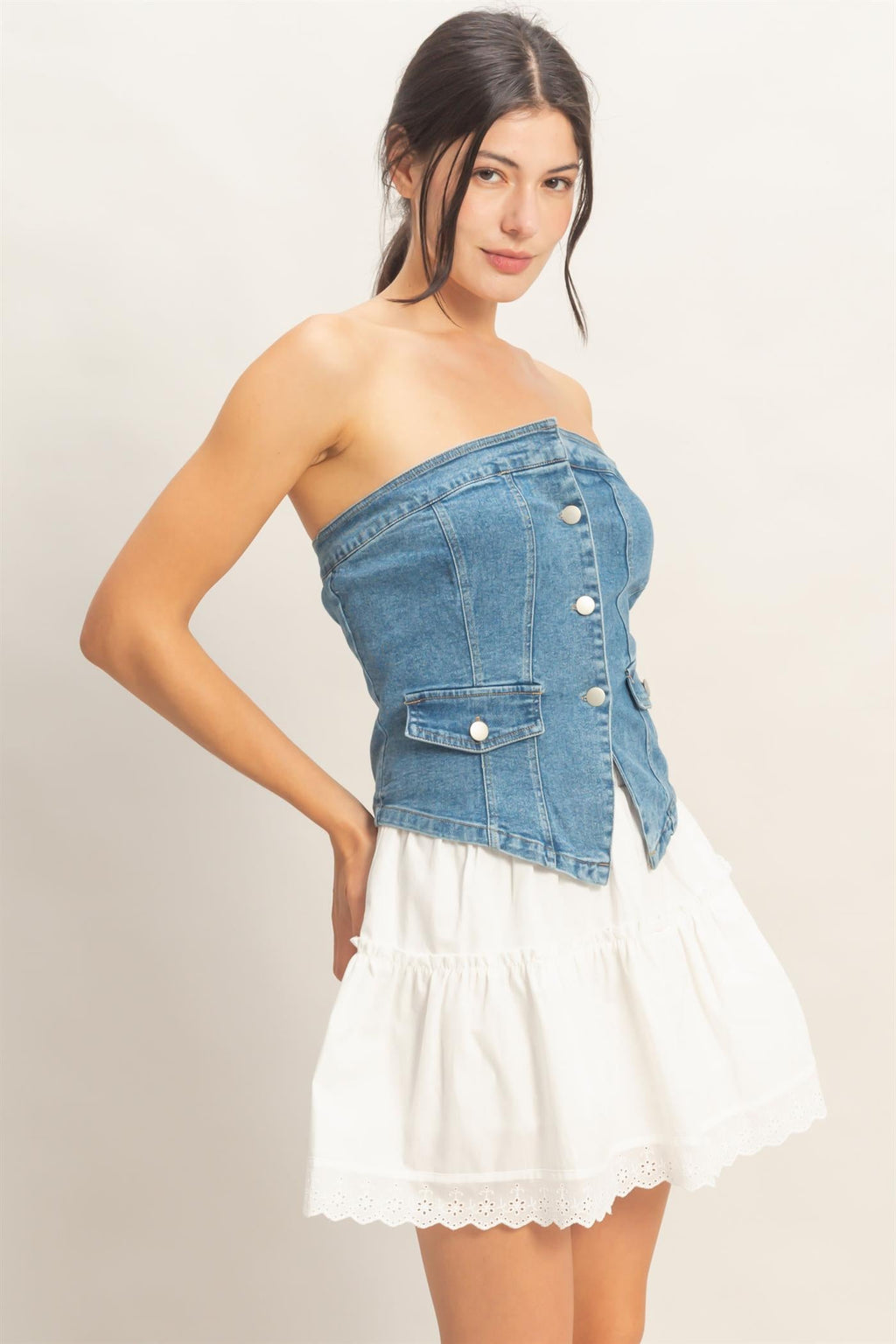 Strapless Button-Up Denim Top