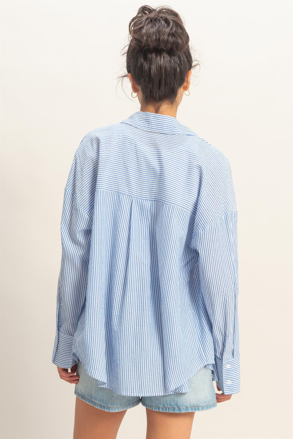 Women’s Striped Button-Up Shirt – Oversized Long Sleeve Collared Blouse