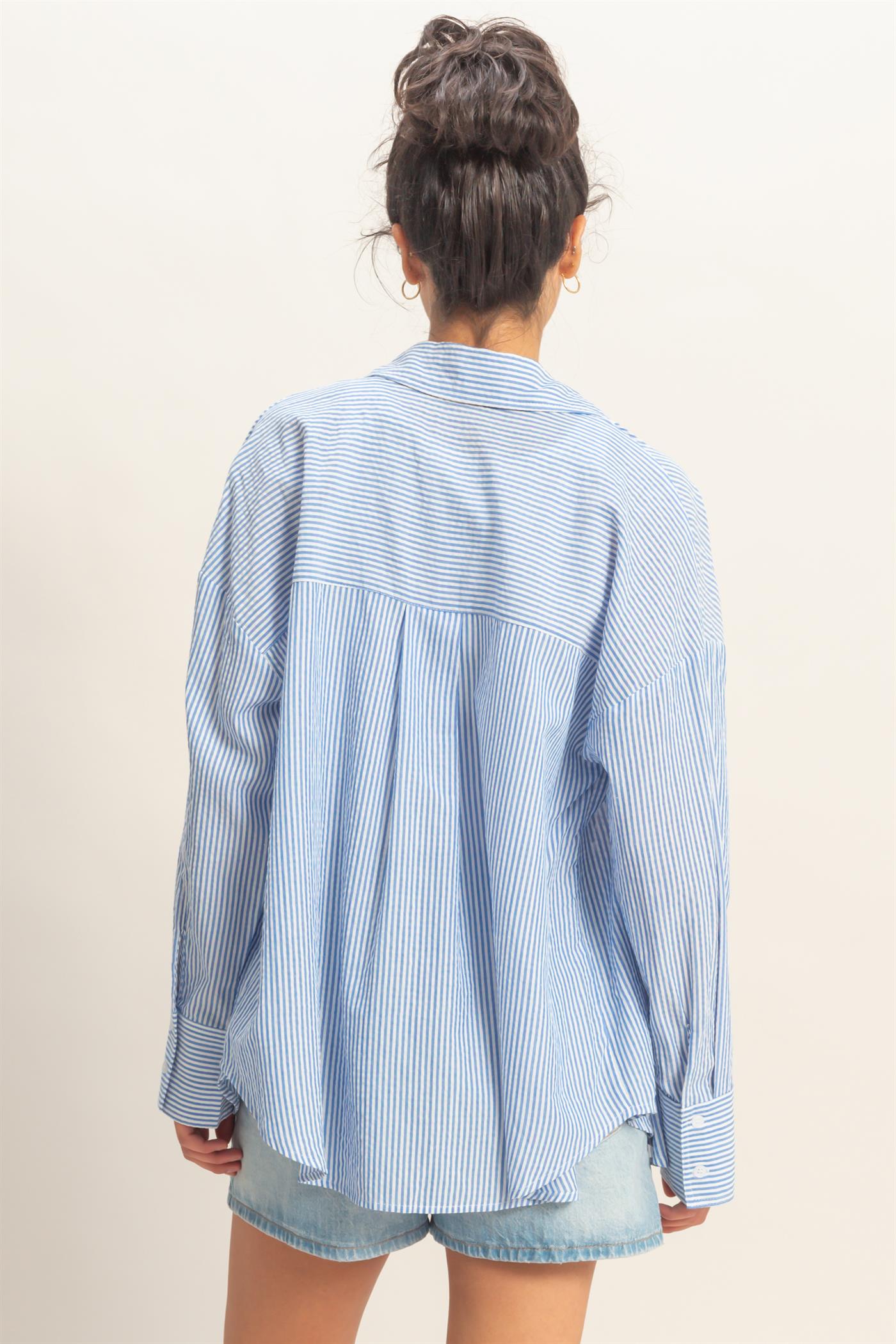 Women’s Striped Button-Up Shirt – Oversized Long Sleeve Collared Blouse