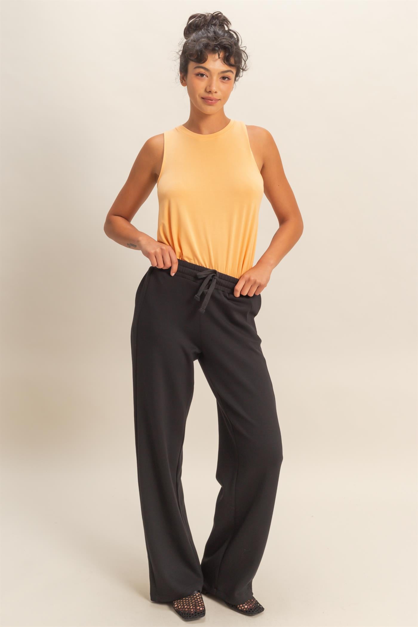Women’s Black Elastic Waist Wide Leg Pants – Drawstring Stretch Knit Casual Pants