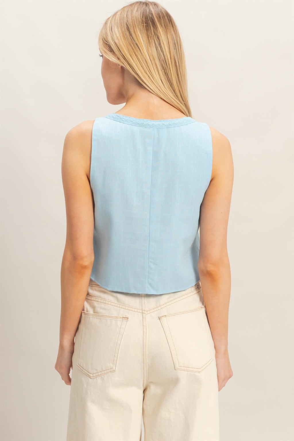 Women’s Baby Blue Pastel Sleeveless Tie-Front Top – Rayon Linen Deep V-Neck Lace Trim Blouse