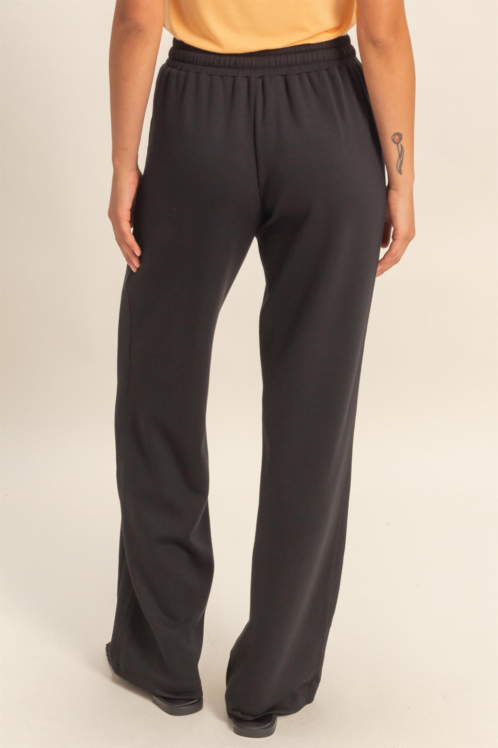 Women’s Black Elastic Waist Wide Leg Pants – Drawstring Stretch Knit Casual Pants