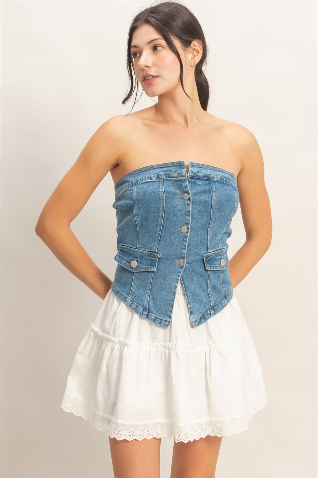 Strapless Button-Up Denim Top