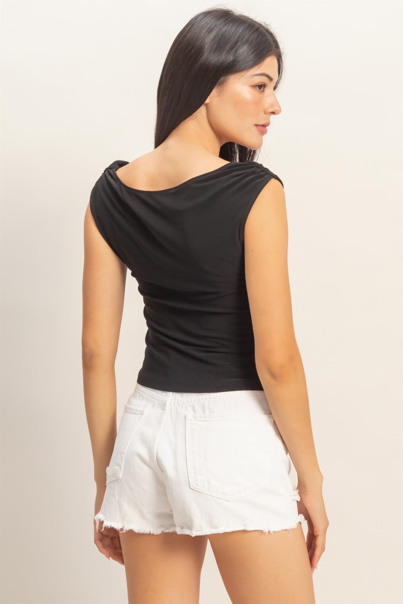 Women’s Cowl Neck Sleeveless Top – Elegant Draped Shoulder Blouse for Chic Outfits