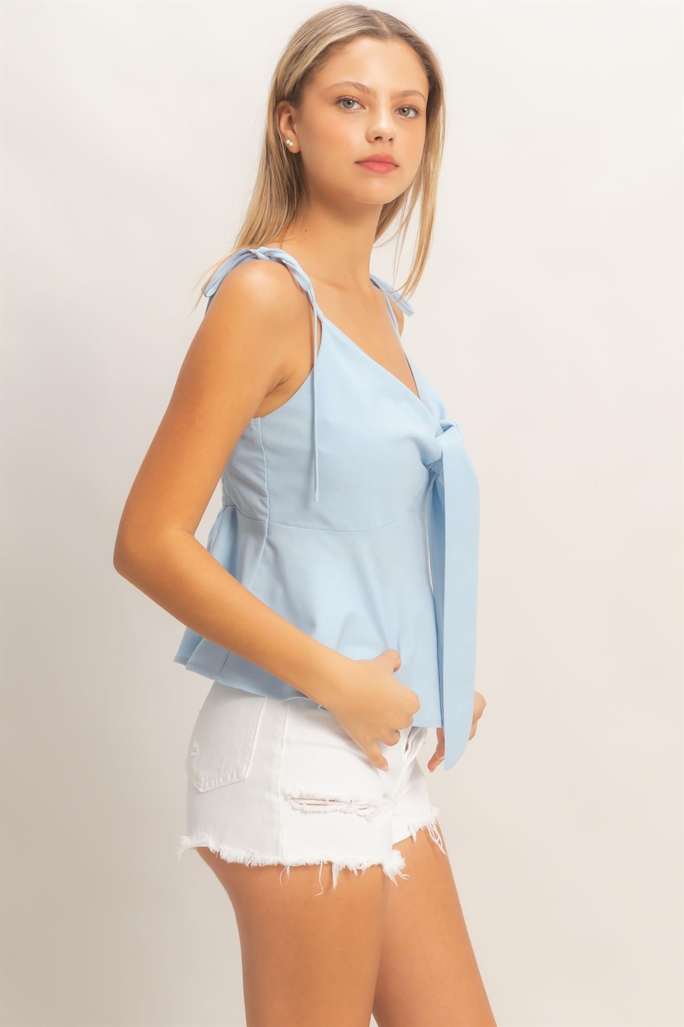 Women’s Baby Blue Tie Front Spaghetti Strap Top – Adjustable Strap Flowy Peplum Cami