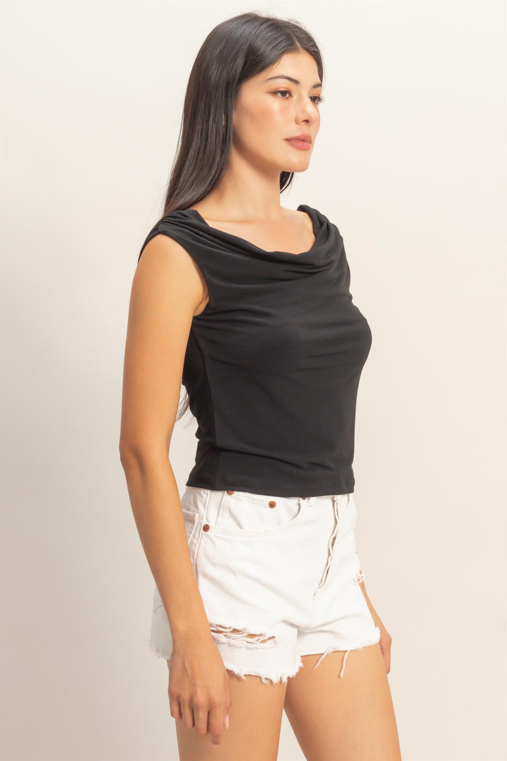 Women’s Cowl Neck Sleeveless Top – Elegant Draped Shoulder Blouse for Chic Outfits