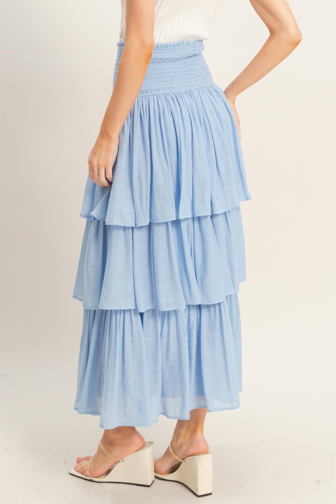 Pastel Blue Tiered Maxi Skirt with Smocked Waist – Women’s Flowy Ruffle Skirt