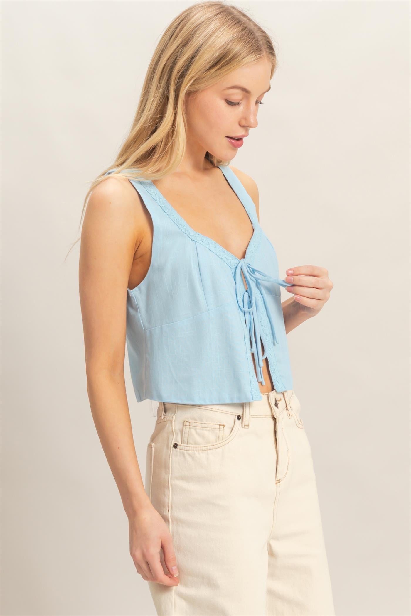 Women’s Baby Blue Pastel Sleeveless Tie-Front Top – Rayon Linen Deep V-Neck Lace Trim Blouse