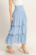 Pastel Blue Tiered Maxi Skirt with Smocked Waist – Women’s Flowy Ruffle Skirt
