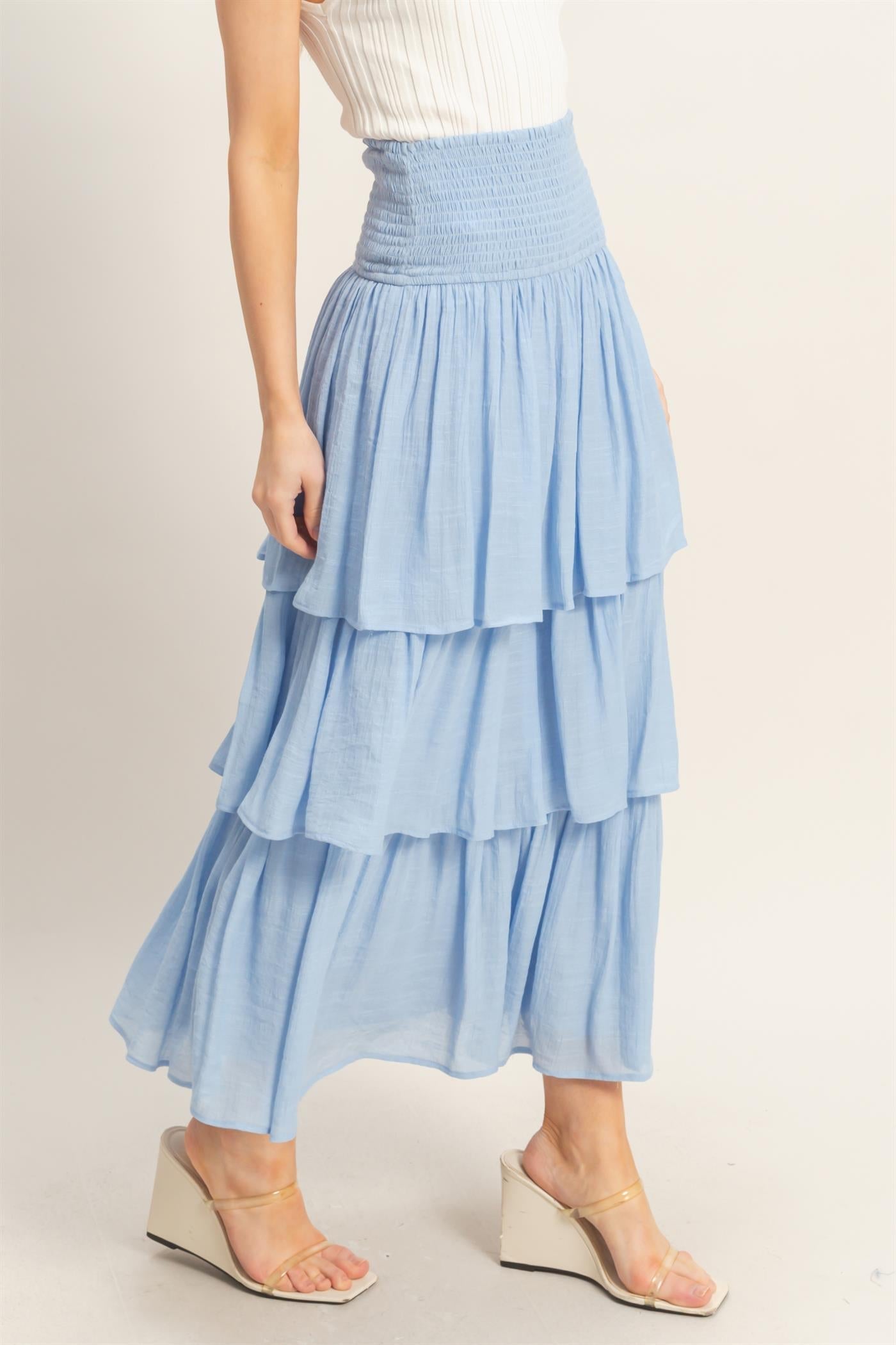 Pastel Blue Tiered Maxi Skirt with Smocked Waist – Women’s Flowy Ruffle Skirt