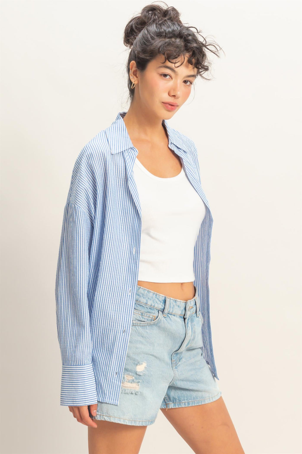 Women’s Striped Button-Up Shirt – Oversized Long Sleeve Collared Blouse