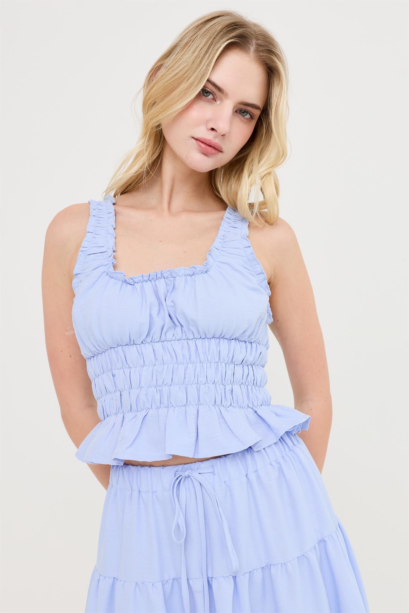 Women’s Baby Blue Ruched Square Neck Smocked Top – Pastel Tiered Ruffle Blouse