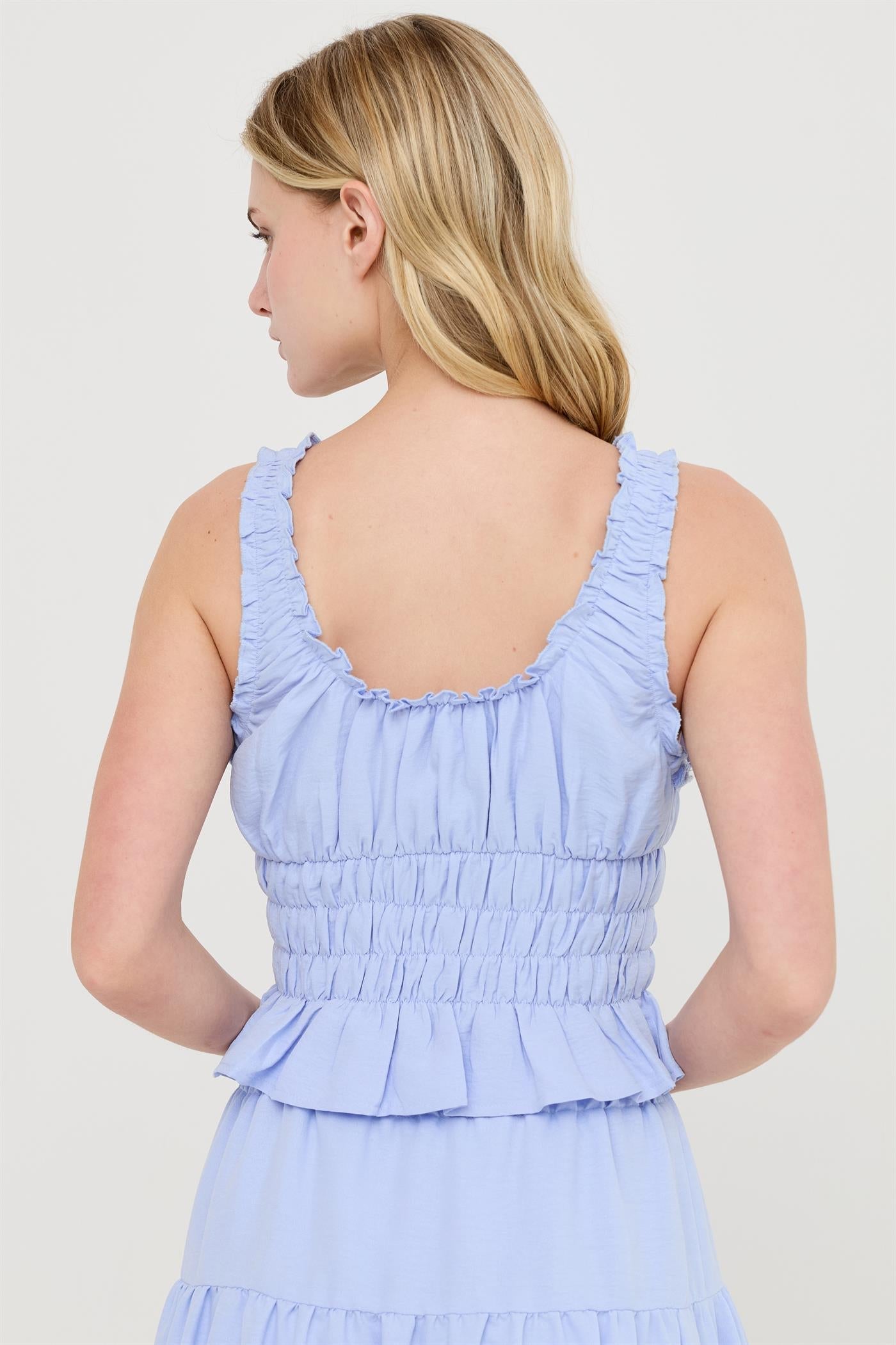Women’s Baby Blue Ruched Square Neck Smocked Top – Pastel Tiered Ruffle Blouse