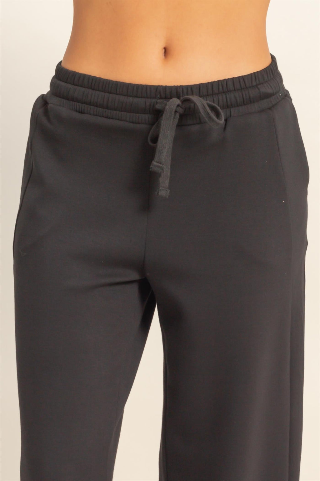 Women’s Black Elastic Waist Wide Leg Pants – Drawstring Stretch Knit Casual Pants