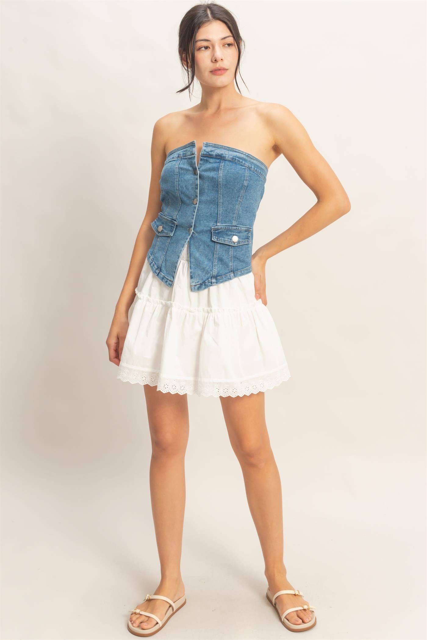 Strapless Button-Up Denim Top
