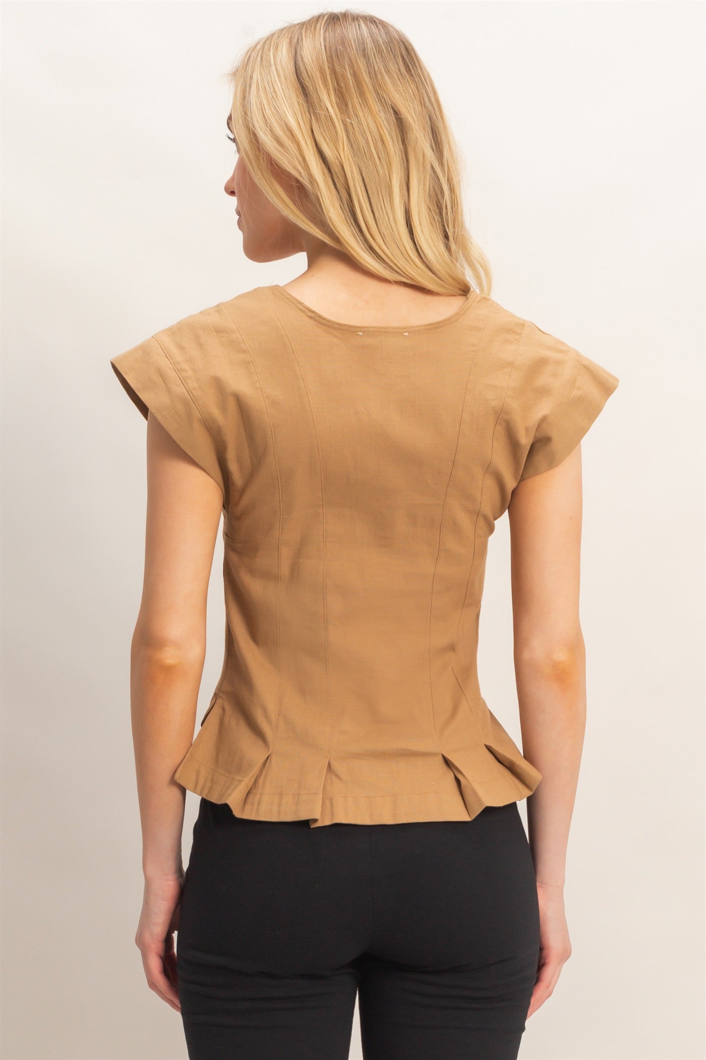 Brown V-Neck Button Down Cap Sleeve Top – Women’s Tailored Casual Blouse