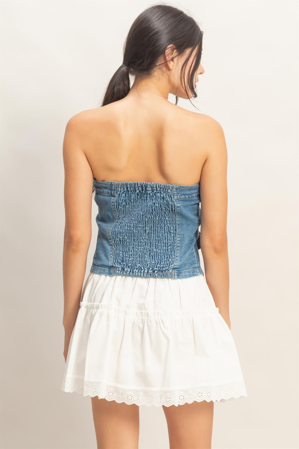 Strapless Button-Up Denim Top
