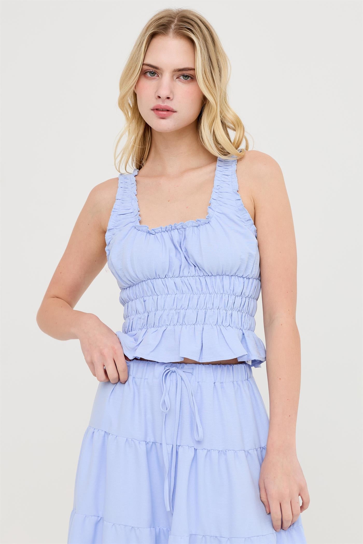 Women’s Baby Blue Ruched Square Neck Smocked Top – Pastel Tiered Ruffle Blouse