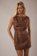 Brown Boat Neck Waist Tie Mini Dress – Cotton Woven Sleeveless Dress