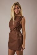 Brown Boat Neck Waist Tie Mini Dress – Cotton Woven Sleeveless Dress